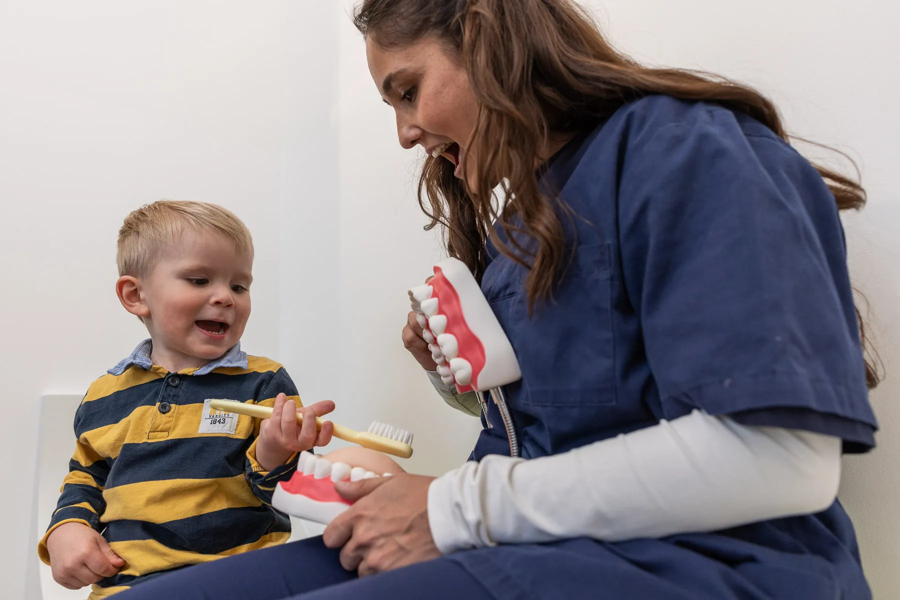 Kinderzahnärztin zeigt einem Kleinkind mit Zahnbürste das Zähneputzen am großen Gebissmodell